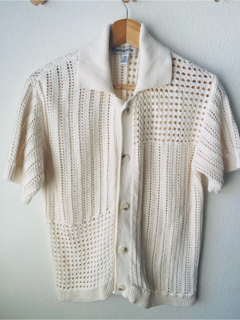 Urban Outfitters Cream Open-Knit Short Sleeve Button-Up Shirt